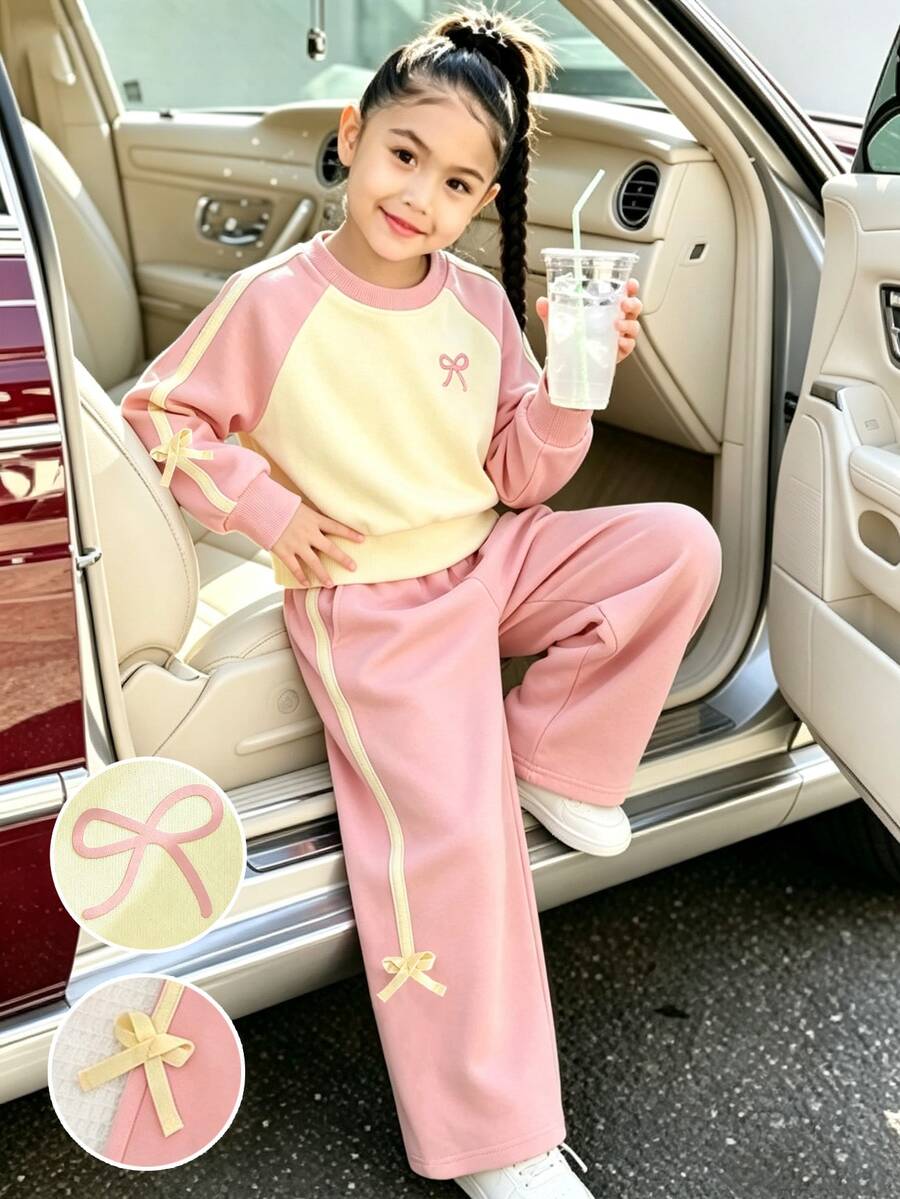 Elladie kids 女童休閒西式拼色運動衛衣套裝,粉綠配色插肩領圓領短版衛衣配蝴蝶結印花,寬腿長褲,秋季款 - 粉色 - 查看 1