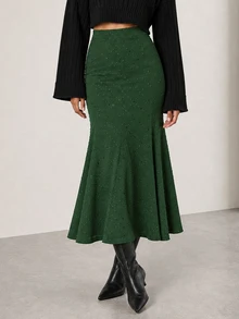 ELLERISSA Green Dobby Textured High Waist Godet Flare Maxi Skirt - Green - View 1