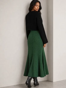 ELLERISSA Green Dobby Textured High Waist Godet Flare Maxi Skirt - Green - View 2
