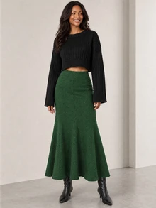 ELLERISSA Green Dobby Textured High Waist Godet Flare Maxi Skirt - Green - View 5