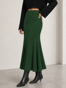 ELLERISSA Green Dobby Textured High Waist Godet Flare Maxi Skirt - Green - View 3