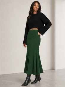 ELLERISSA Green Dobby Textured High Waist Godet Flare Maxi Skirt - Green - View 6