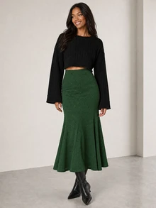 ELLERISSA Green Dobby Textured High Waist Godet Flare Maxi Skirt - Green - View 4