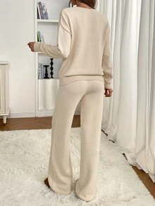 Omancia Half Button Drop Shoulder Sweater & Drawstring Waist Knit Pants - Apricot - View 2