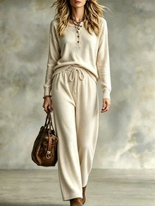 Omancia Half Button Drop Shoulder Sweater & Drawstring Waist Knit Pants - Apricot - View 1