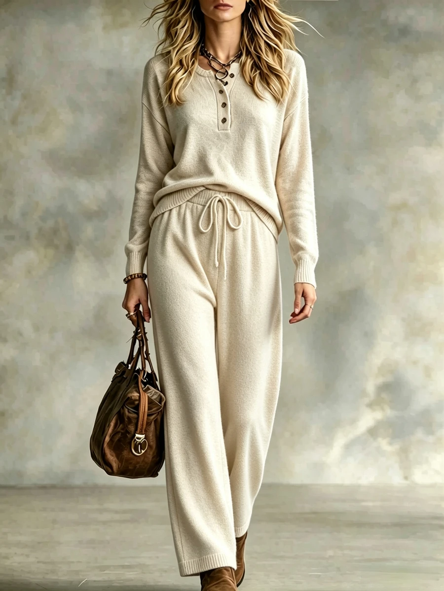 Omancia Half Button Drop Shoulder Sweater & Drawstring Waist Knit Pants - Apricot - View 1
