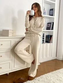Omancia Half Button Drop Shoulder Sweater & Drawstring Waist Knit Pants - Apricot - View 7