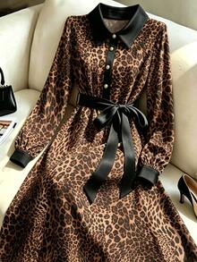 GlowEve CURVE Women's Autumn/Winter Leopard Print Button Long Sleeve Dress - Multicolor - View 4