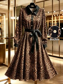 GlowEve CURVE Women's Autumn/Winter Leopard Print Button Long Sleeve Dress - Multicolor - View 3