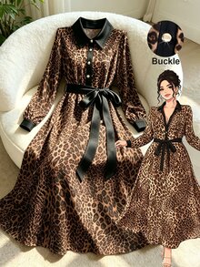 GlowEve CURVE Women's Autumn/Winter Leopard Print Button Long Sleeve Dress - Multicolor - View 1