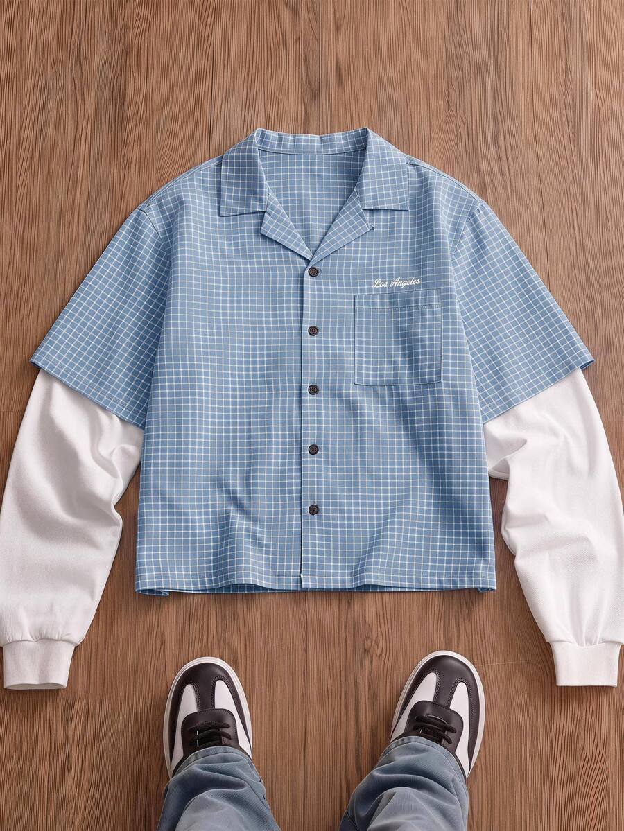 SWAVVY Men's Plaid Patchwork 2 In 1 Shirt - Blue - View 1