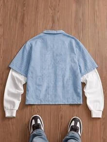 SWAVVY Men's Plaid Patchwork 2 In 1 Shirt - Blue - View 2