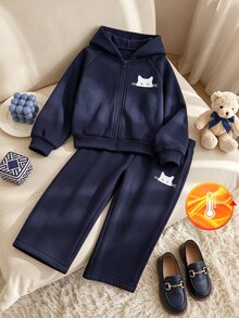 SHEIN 女童運動休閒兩件套 卡通小貓印花連帽拉鍊外套 加厚保暖運動服 秋冬上學穿著 - 藍色 - 查看 8