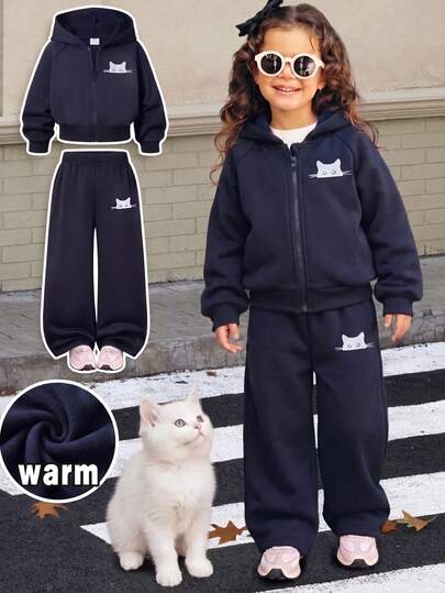 SHEIN Young Girls Sporty Casual 2-Piece Set Cartoon Kitten Printed Hooded Zipper Jacket Heavyweight Thermal Sweatsuit For School Autumn Winter