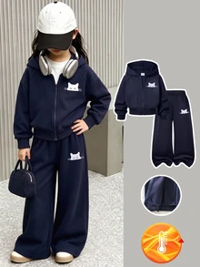SHEIN 女童運動休閒兩件套 卡通小貓印花連帽拉鍊外套 加厚保暖運動服 秋冬上學穿著 - 藍色 - 查看 4
