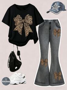 SHEIN Tween Girl Leopard Print Bow Graphic T-Shirt And Flare Pants Set - Multicolor - View 2