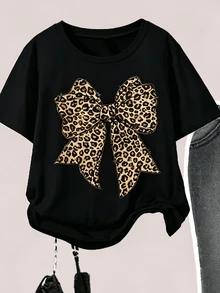 SHEIN Tween Girl Leopard Print Bow Graphic T-Shirt And Flare Pants Set - Multicolor - View 4