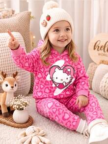 HELLO KITTY AND FRIENDS | SHEIN 女嬰甜美豹紋卡通連帽衛衣與長褲兩件套 - 玫紅色 - 查看 3