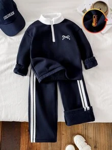 SHEIN Elladie kids 2件組少女針織衛衣 單面刷毛對比色半拉鍊上衣 胸前可愛蝴蝶結印花 休閒經典百搭 皇家藍與白色 適合返校、運動與日常穿著 - 藏蓝色 - 查看 4