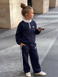 SHEIN Elladie kids 2件組少女針織衛衣 單面刷毛對比色半拉鍊上衣 胸前可愛蝴蝶結印花 休閒經典百搭 皇家藍與白色 適合返校、運動與日常穿著 - 藏蓝色 - 查看 3