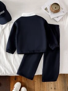 SHEIN Elladie kids 2件組少女針織衛衣 單面刷毛對比色半拉鍊上衣 胸前可愛蝴蝶結印花 休閒經典百搭 皇家藍與白色 適合返校、運動與日常穿著 - 藏蓝色 - 查看 2