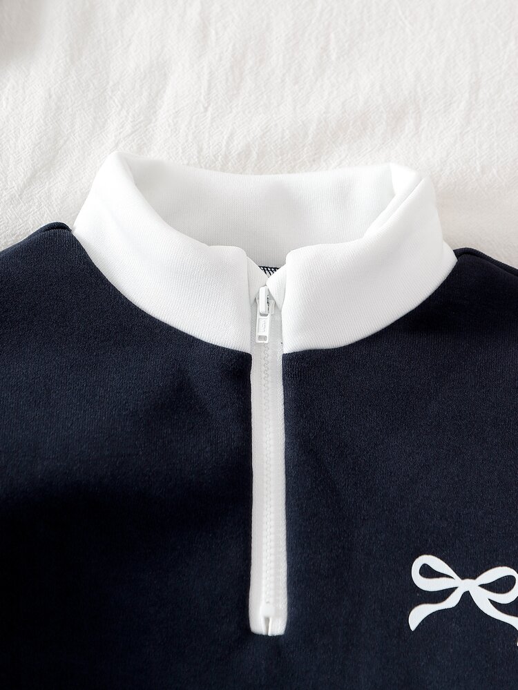 SHEIN 2pcs Young Girl Knitted Sweatshirt Single-Sided Fleece Contrast Color Half-Zip Top With Cute Bow Print On Chest, Casual Classic Versatile Royal Blue And White 2-Piece Set, Suitable For Back To School, Sports And Daily Wear - Navy Blue - View 6