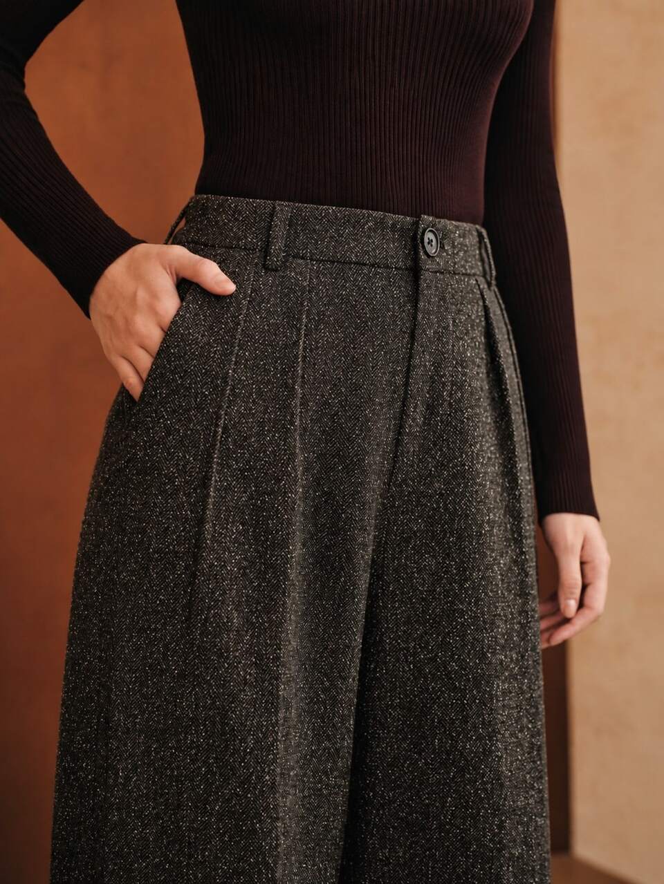 Elegant Vintage Women's Gray Herringbone High Waist Wide Leg Pants, Loose Straight Leg Trousers For Commuting And Office Wear