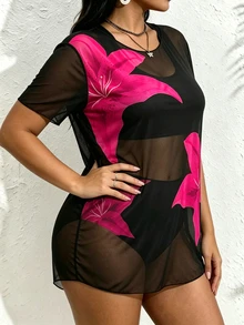 Slaydiva 大尺碼女款 3 件組黑色印花套頭上衣附肩帶比基尼套裝 度假海灘夏季性感款 - 彩色 - 查看 5