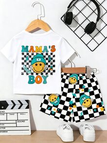 2pcs/Set Baby Boy Casual Graphic Print Top And Checkered Shorts Set, Suitable For Outings In Summer - White - View 2