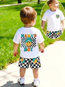 2pcs/Set Baby Boy Casual Graphic Print Top And Checkered Shorts Set, Suitable For Outings In Summer - White - View 3