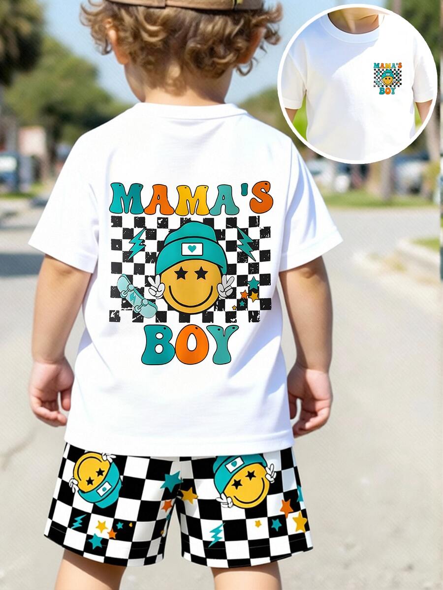 2pcs/Set Baby Boy Casual Graphic Print Top And Checkered Shorts Set, Suitable For Outings In Summer - White - View 1