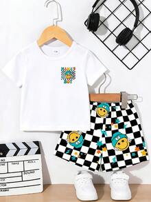 2pcs/Set Baby Boy Casual Graphic Print Top And Checkered Shorts Set, Suitable For Outings In Summer - White - View 4