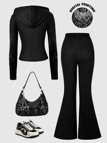 Teen Girls T-Shirt Set, Black, Short Sleeve Top + Long Pants 2 Pieces Set, Loose Fit, Warm Winter, Y2k, Round Neck, Printed, Knit Sixth Form Formal - Black - View 3