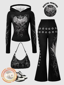 Teen Girls T-Shirt Set, Black, Short Sleeve Top + Long Pants 2 Pieces Set, Loose Fit, Warm Winter, Y2k, Round Neck, Printed, Knit Sixth Form Formal - Black - View 4