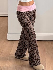 SHEIN Tween Girls Polka Dot Patchwork Coffee Color Casual Long Pants - Coffee Brown - View 2