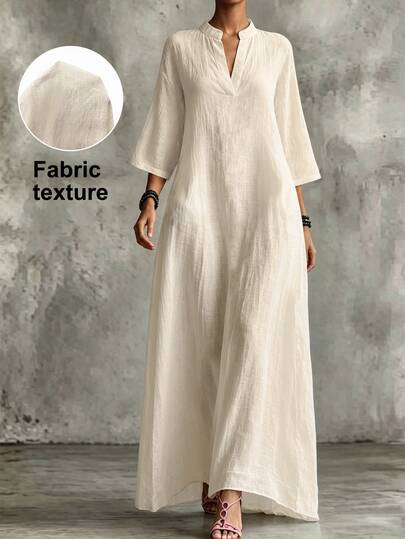 SHEIN Holidaya Women's Loose Dress, Textured V-Neck Design, Light Apricot, Loose Fit Suitable For Vacation And Casual Long Dress, Women's Dress, Women's Elegant Dress, Women's Loose Dress, Women's Beach Dress, Women's Casual Dress, Women's Commuter Dress, Women's Professional Wear, Women's Vacation Dress