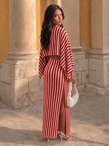 SHEIN Swim Swim Chiccia 夏季女款 Y2K 性感兩件套，大尺寸露肩長袖上衣搭配緊身高開衩裙，新款跨境優雅波希米亞復古條紋蝙蝠袖短版上衣與長款泳裝罩裙，女款泳衣套裝，夏季沙灘罩衫，適合海邊度假、日常約會 - 彩色 - 查看 2