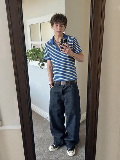Resyla Men Men's Blue & Yellow Striped Polo Shirt, Classic Nautical Style, American Vintage, Korean Cleanfit Minimalist, Japanese Casual Youth Style, Suitable For Men Who Like Basic Layering And Simple, Perfect For City Travel, Car Snapshots, Daily Commute, Campus Wear And More