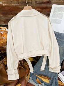 Comfortcana Apricot Plus Size Cropped Black Vintage Lapel Trench Coat Jacket Fall - Apricot - View 2