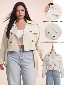 Comfortcana Apricot Plus Size Cropped Black Vintage Lapel Trench Coat Jacket Fall - Apricot - View 3