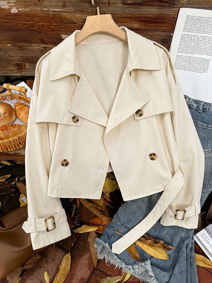 Comfortcana Apricot Plus Size Cropped Black Vintage Lapel Trench Coat Jacket Fall - Apricot - View 1