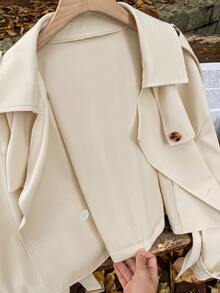 Comfortcana Apricot Plus Size Cropped Black Vintage Lapel Trench Coat Jacket Fall - Apricot - View 7