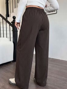 SHEIN EZwear Chocolate Brown Woven Plus Size Women's Striped Letter Patch Wide Leg Long Pants Fall - Chocolate Brown - View 2