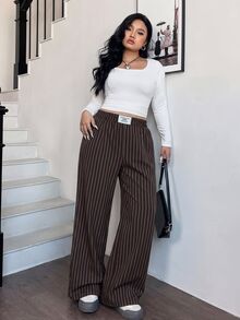 SHEIN EZwear Chocolate Brown Woven Plus Size Women's Striped Letter Patch Wide Leg Long Pants Fall - Chocolate Brown - View 3