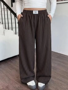 SHEIN EZwear Chocolate Brown Woven Plus Size Women's Striped Letter Patch Wide Leg Long Pants Fall - Chocolate Brown - View 6