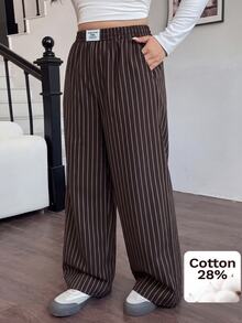 SHEIN EZwear Chocolate Brown Woven Plus Size Women's Striped Letter Patch Wide Leg Long Pants Fall - Chocolate Brown - View 7