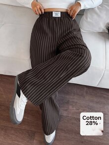 SHEIN EZwear Chocolate Brown Woven Plus Size Women's Striped Letter Patch Wide Leg Long Pants Fall - Chocolate Brown - View 1