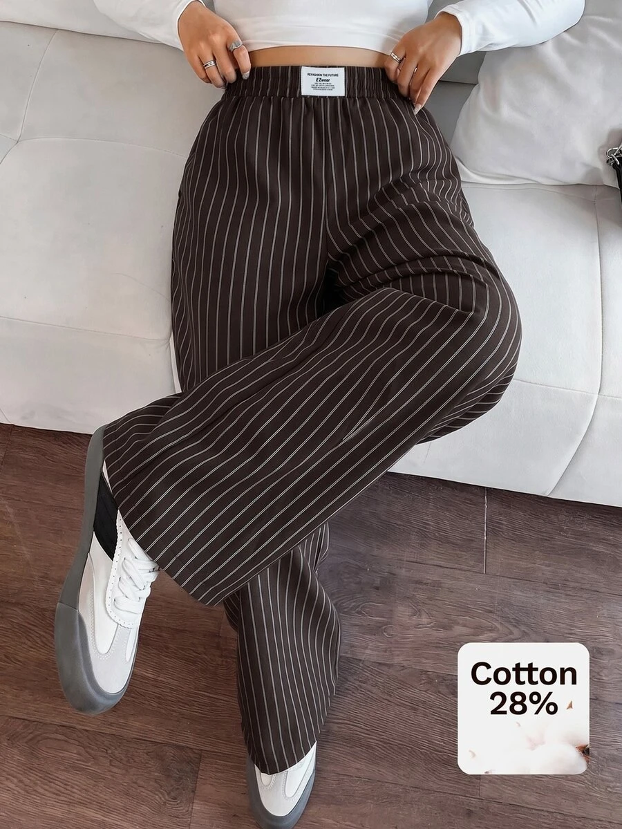 SHEIN EZwear Chocolate Brown Woven Plus Size Women's Striped Letter Patch Wide Leg Long Pants Fall - Chocolate Brown - View 1