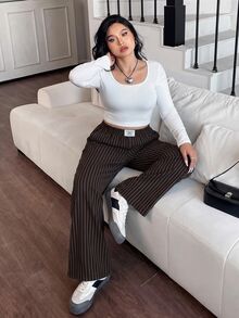 SHEIN EZwear Chocolate Brown Woven Plus Size Women's Striped Letter Patch Wide Leg Long Pants Fall - Chocolate Brown - View 4