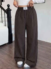 SHEIN EZwear Chocolate Brown Woven Plus Size Women's Striped Letter Patch Wide Leg Long Pants Fall - Chocolate Brown - View 5